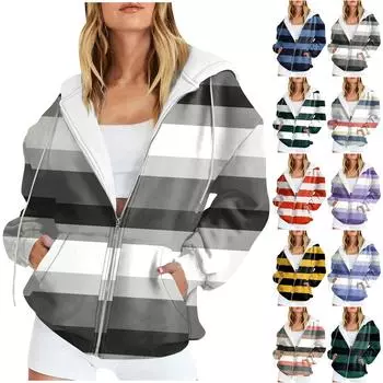 Женские повседневные модные полосатые пуловеры с принтом и длинными рукавами, толстовки на молнии, пальто L темно-зеленого