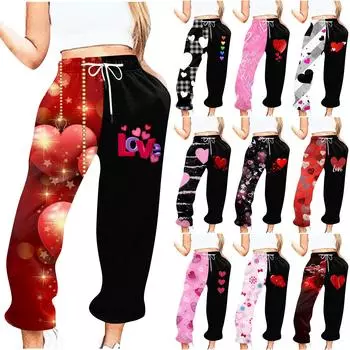 Женские повседневные модные повседневные брюки с принтом на День святого Валентина Брюки с завязками на шнурке L чёрный