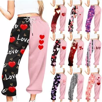 Женские повседневные модные повседневные брюки с принтом на День святого Валентина Брюки с завязками на шнурке L чёрный