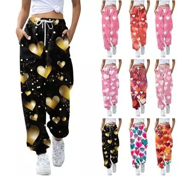 Женские повседневные модные повседневные брюки с принтом на День святого Валентина и брюки на шнуровке L чёрный