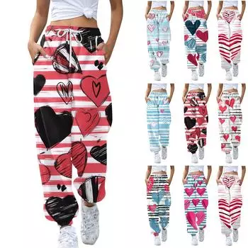 Женские повседневные модные повседневные брюки с принтом на День святого Валентина и брюки на шнуровке L синий
