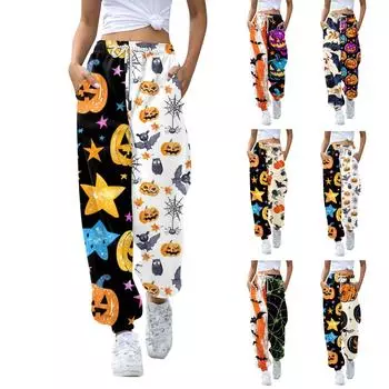 Женские повседневные модные повседневные брюки с принтом на Хэллоуин XXL чёрный