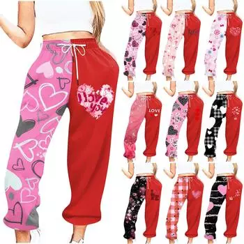 Женские повседневные модные повседневные брюки с принтом на День святого Валентина Брюки с завязками на шнурке M