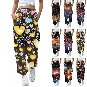Женские повседневные модные повседневные брюки с принтом на День святого Валентина и брюки на шнуровке L чёрный
