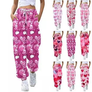 Женские повседневные модные повседневные брюки с принтом на День святого Валентина и брюки на шнуровке L чёрный