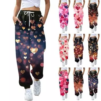 Женские повседневные модные повседневные брюки с принтом на День святого Валентина и брюки на шнуровке L чёрный