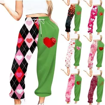 Женские повседневные модные повседневные брюки с принтом на День святого Валентина Брюки с завязками на шнурке L чёрный