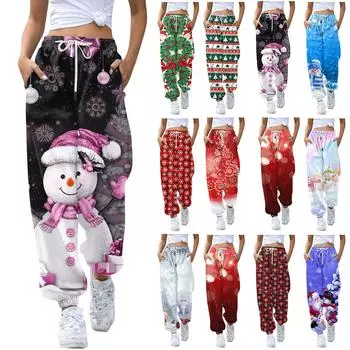 Женские повседневные модные повседневные брюки с рождественским принтом, санитарные брюки, леггинсы с эластичной резинкой на талии и шнурком M