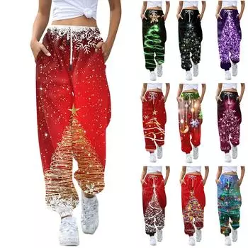 Женские повседневные модные повседневные брюки с рождественским принтом, санитарные брюки, леггинсы с эластичной резинкой на талии и шнурком M