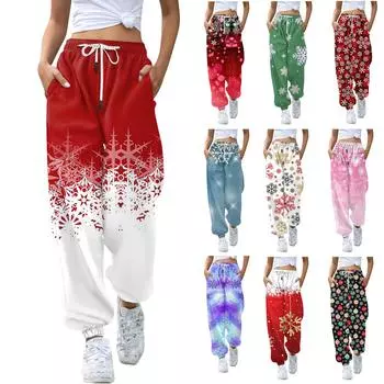 Женские повседневные модные повседневные брюки с рождественским принтом, санитарные брюки, леггинсы с эластичной резинкой на талии и шнурком XXL