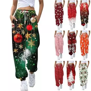 Женские повседневные модные повседневные брюки с рождественским принтом, санитарные брюки, леггинсы с эластичной резинкой на талии и шнурком XXL жёлтый