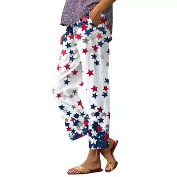 Женские повседневные модные принтованные прямые брюки с карманами M синий