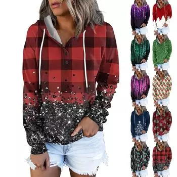 Женские повседневные модные принты с длинным рукавом на пуговицах пуловеры с капюшоном толстовки S