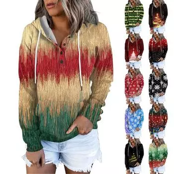 Женские повседневные модные принты с длинным рукавом на пуговицах пуловеры с капюшоном толстовки L чёрный