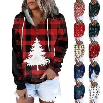 Женские повседневные модные принты с длинным рукавом на пуговицах пуловеры с капюшоном толстовки M хаки