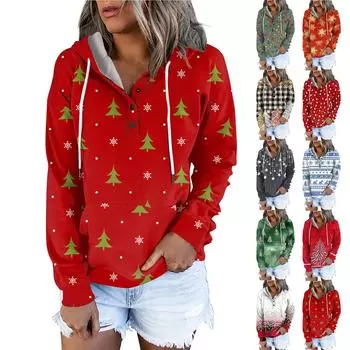 Женские повседневные модные принты с длинным рукавом на пуговицах пуловеры с капюшоном толстовки L синий