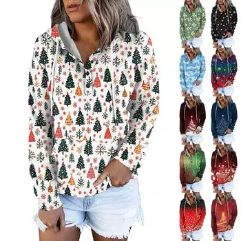 Женские повседневные модные принты с длинным рукавом на пуговицах пуловеры с капюшоном толстовки XXL чёрный