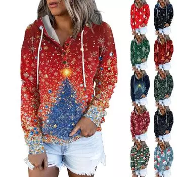 Женские повседневные модные принты с длинным рукавом на пуговицах пуловеры с капюшоном толстовки S