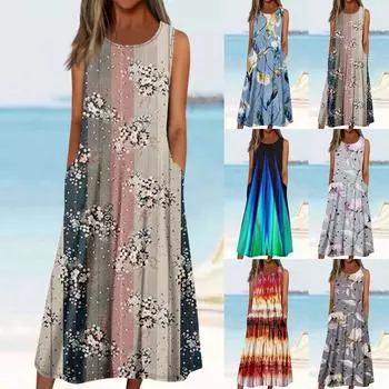 Женские повседневные модные пуловеры без рукавов, платья с принтом и карманами L