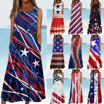 Женские повседневные модные пуловеры без рукавов, платья с принтом и карманами L синий