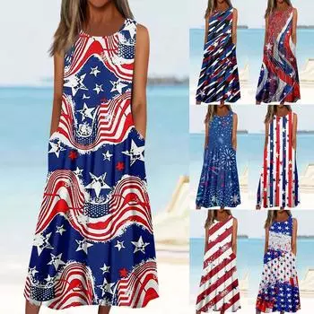 Женские повседневные модные пуловеры без рукавов, платья с принтом и карманами XXXL синий