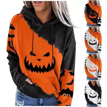 Женские повседневные модные пуловеры с длинными рукавами и принтом на Хэллоуин, толстовки с капюшоном L чёрный