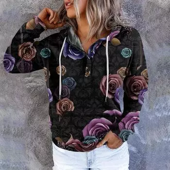 Женские повседневные модные пуловеры с длинными рукавами и принтом, толстовки с капюшоном XL чёрный