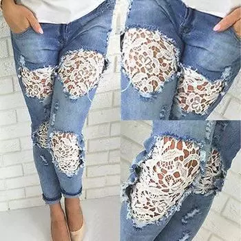 Женские повседневные модные растрепанные кружевные облегающие легкие джинсовые брюки, джинсы M синий