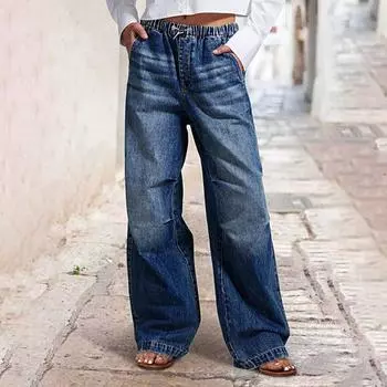Женские повседневные модные ретро джинсы средней посадки с широкими штанинами и складками, свободные прямые брюки L