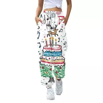 Женские повседневные модные рождественские принтованные повседневные брюки спортивные брюки длинные брюки брюки с эластичной резинкой на талии XXL