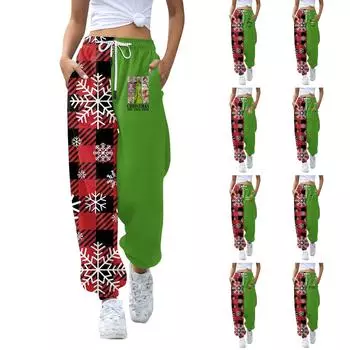 Женские повседневные модные рождественские принтованные повседневные брюки спортивные брюки длинные брюки брюки с эластичной резинкой на талии L армия зеленый