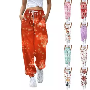 Женские повседневные модные рождественские принтованные повседневные брюки спортивные брюки длинные брюки брюки с эластичной резинкой на талии XXXL