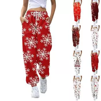 Женские повседневные модные рождественские принтованные повседневные брюки спортивные брюки длинные брюки брюки с эластичной резинкой на талии XXXL винный