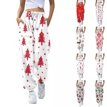 Женские повседневные модные рождественские принтованные повседневные брюки спортивные брюки длинные брюки брюки с эластичной резинкой на талии XL красный