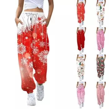 Женские повседневные модные рождественские принтованные повседневные брюки спортивные брюки длинные брюки брюки с эластичной резинкой на талии M розовый
