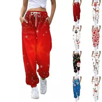 Женские повседневные модные рождественские принтованные повседневные брюки спортивные брюки длинные брюки брюки с эластичной резинкой на талии XXXL чёрный
