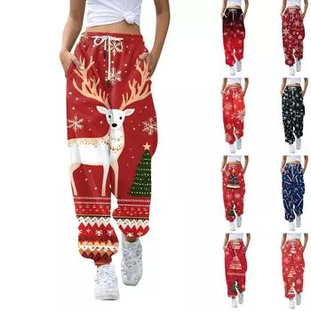 Женские повседневные модные рождественские принтованные повседневные брюки спортивные брюки длинные брюки брюки с эластичной резинкой на талии XXL
