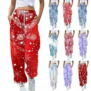 Женские повседневные модные рождественские принтованные повседневные спортивные брюки с эластичной талией и завязками на шнурке XL винный