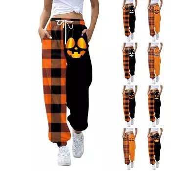 Женские повседневные модные рождественские принты, повседневные брюки с эластичной резинкой на талии и завязками на шнурке L чёрный