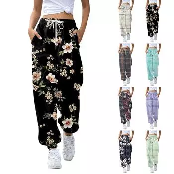 Женские повседневные модные рождественские принты, повседневные брюки с эластичной резинкой на талии и завязками на шнурке L бежевый