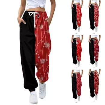 Женские повседневные модные рождественские принты, повседневные брюки с эластичной резинкой на талии и завязками на шнурке M