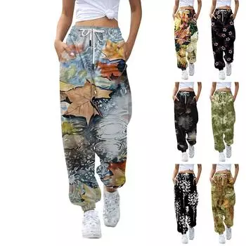 Женские повседневные модные рождественские принты, повседневные брюки с эластичной резинкой на талии и завязками на шнурке L