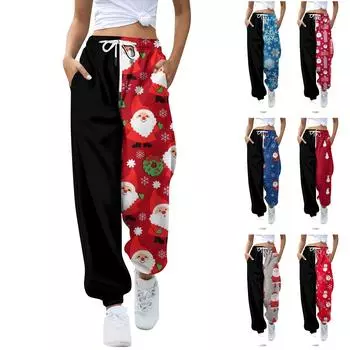 Женские повседневные модные рождественские принты, повседневные брюки с эластичной резинкой на талии и завязками на шнурке L красный