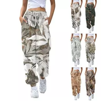 Женские повседневные модные рождественские принты, повседневные брюки с эластичной резинкой на талии и завязками на шнурке L коричневый