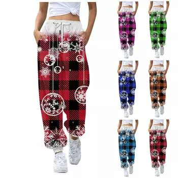 Женские повседневные модные рождественские принты, повседневные брюки с эластичной резинкой на талии и завязками на шнурке M зелёный