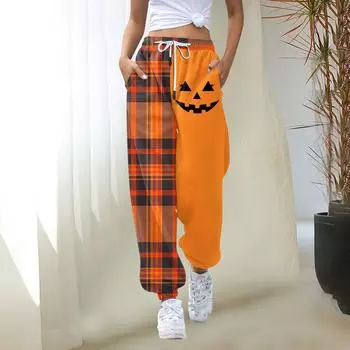 Женские повседневные модные рождественские принты, повседневные брюки с эластичной резинкой на талии и завязками на шнурке L оранжевый