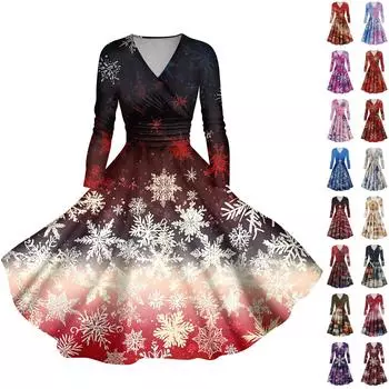 Женские повседневные модные рождественские принты с длинным рукавом и V-образным вырезом, сексуальные платья с карманами L чёрный