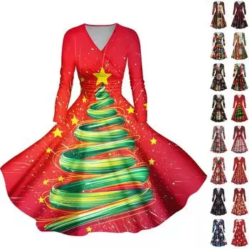 Женские повседневные модные рождественские принты с длинным рукавом и V-образным вырезом, сексуальные платья с карманами L армия зеленый