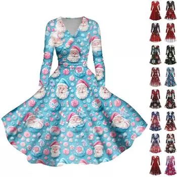 Женские повседневные модные рождественские принты с длинным рукавом и V-образным вырезом, сексуальные платья с карманами L