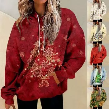 Женские повседневные модные рождественские пуловеры с длинными рукавами и принтом, толстовки с капюшоном XL винный